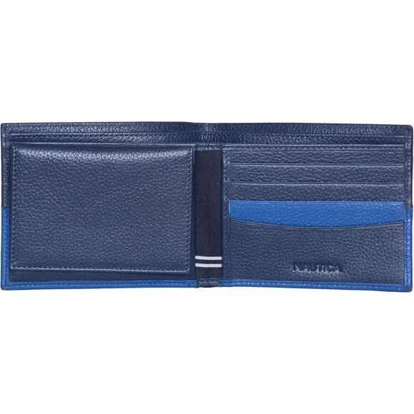 Men's Blue Bifold Leather Wallet RFID Blocking ID Window Card Slots Organization - Picture 2 of 5